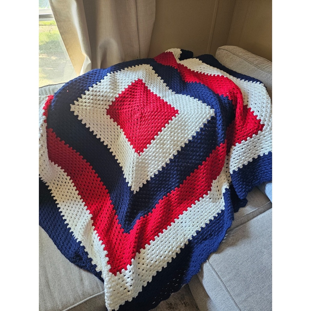 Handmade Crochet Afghan Blanket Red White Blue Geometric Throw Patriotic 64x69